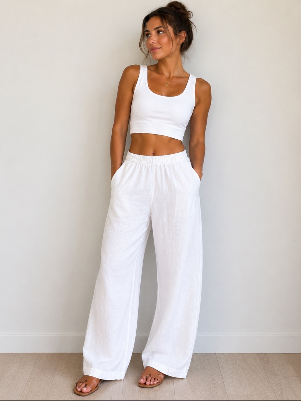 Chico’s Design Size 1 White 100% Linen Pull On Pants Elastic Waist